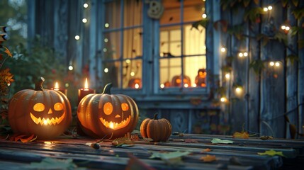 Obraz premium Spooky Halloween Jack-o'-lanterns Outside a Decorated House, Generative AI