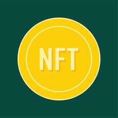 NFT gold icon coin. Round golden nft sign, non-fungible token pictogram. Crypto art, virtual cryptography artwork, collectible digital token coin symbol.nft banner for web. Non-renewable token.