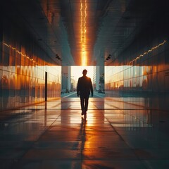 Obraz premium businessman walking in building tunnel looking and leaving