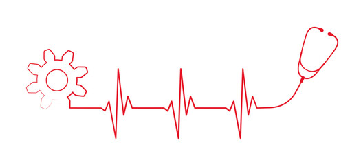 Abstract stethoscope, gear with heart rate, ekg line on white background. Healthcare symbol to use in health industry, cardiology, medical care, hospital, health science projects. 
