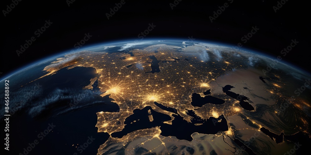Poster 3d image of a textured earth with golden light patterns. an image of digital art of globe with glowi