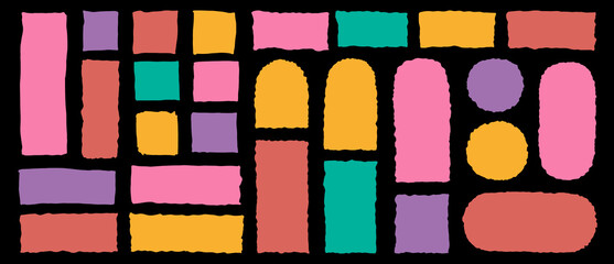 Set of vector hand drawn wobbly line frame shapes. Cute rounded square torn paper forms. Colorful curved rectangles, circles and arches. Kids speech bubble sticker backgrounds. Loose jagged wavy edges