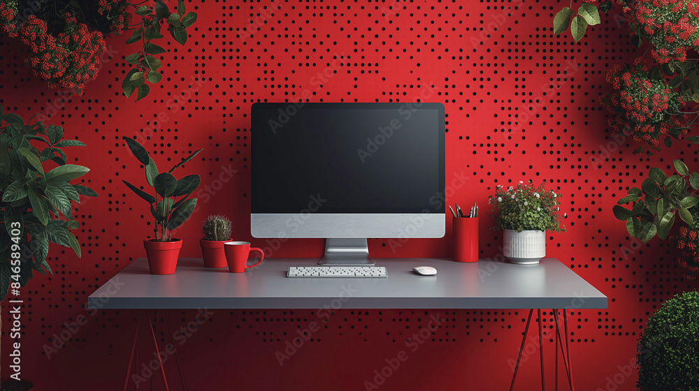 Aufkleber a computer monitor sits on a desk in front of a red wall