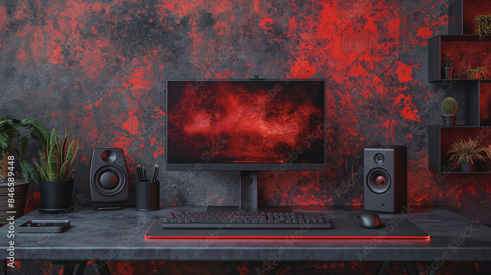 Poster a computer desk with a black computer monitor and a black keyboard on red wall