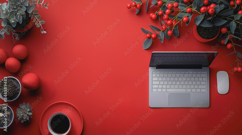 Poster a laptop is on a red table with a red background