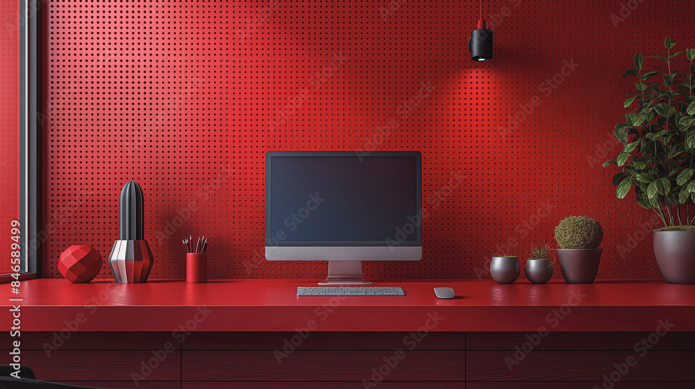 Poster a computer monitor sits on a desk in front of a red wall