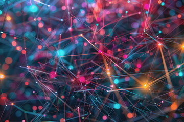 Abstract futuristic wave with colorful lines connecting dots. digital data communication background.