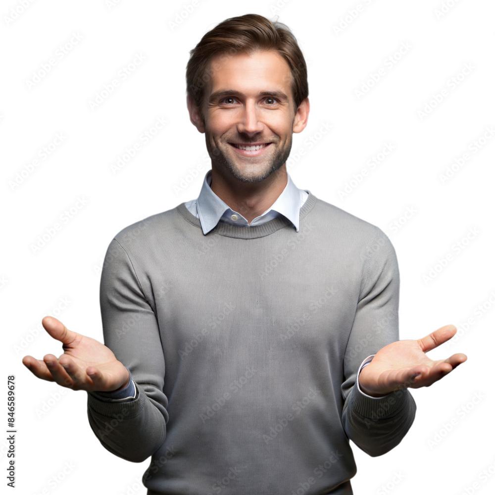 Poster friendly man smiling with open hands on transparent background