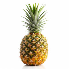 Fototapeta premium Close-up of a whole, fresh pineapple with green leaves against a plain white background, highlighting its natural texture.