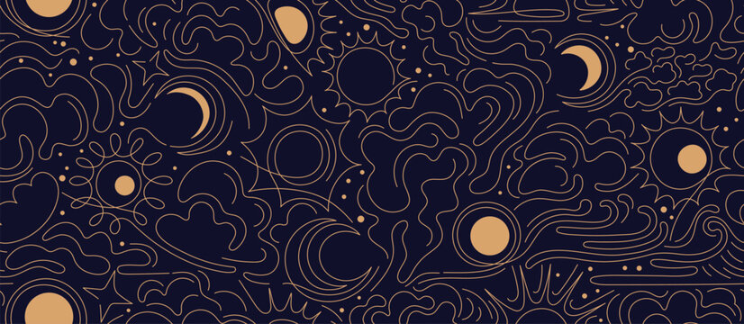 Sun, moon seamless art pattern. Night esoteric sky