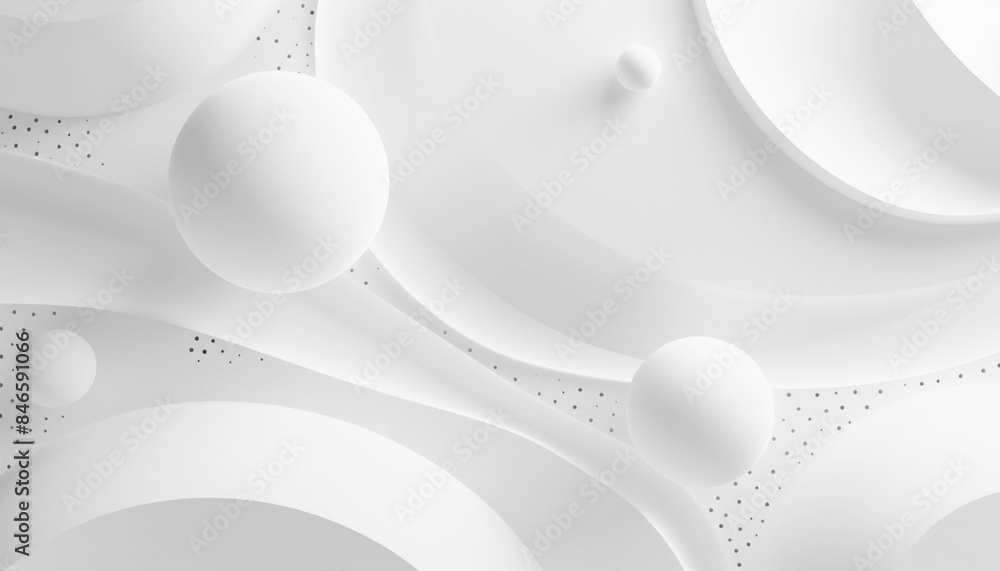 Poster white background with circles and balls, depicting liquid and artistic pattern with symmetry