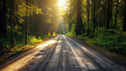 Obraz premium Aerial view of a forest road with sun flares, straight and clear, representing a path committed to ESG and sustainability