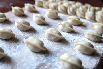 The raw dumplings were placed on a wooden cooking board, sprinkled with flour. The filling is minced meat, potatoes, cheese or cottage cheese. A semi-finished product, ready for cooking.