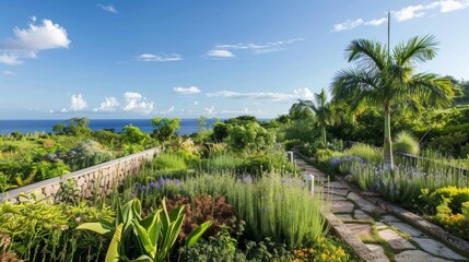 Obraz premium With a stunning backdrop of clear blue skies and stunning greenery this island herb garden is truly a sight to behold.