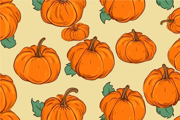 Halloween seamless pattern orange color pumpkins with green leaves on isolated background, illustration style.