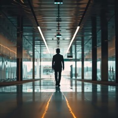 Fototapeta premium businessman walking in building tunnel looking and leaving