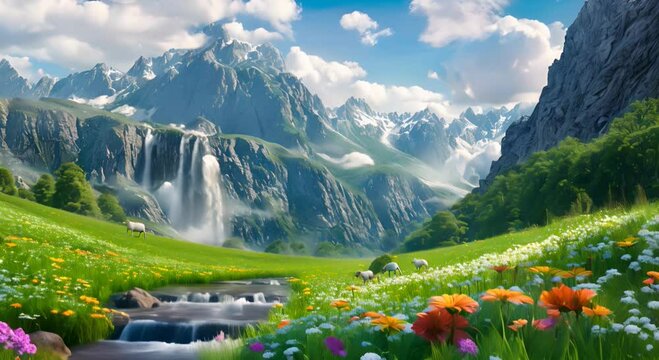  beautiful mountain landscape with waterfalls, green meadows, and sheep grazing. The sky has white clouds. Colorful flowers on the grass near the stream. Vibrant color, high resolution, high detail