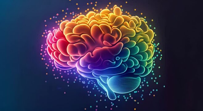 High octane render of a rainbow-colored brain against a dark navy background.