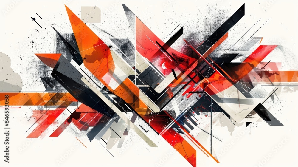 Poster dynamic abstract art with geometric shapes in red, orange, black, and white textured surface for a u