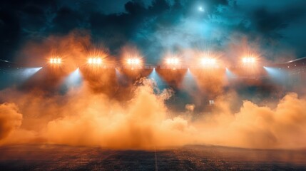 Naklejka premium Dramatic scene with stadium lights and smoke filling the arena for events