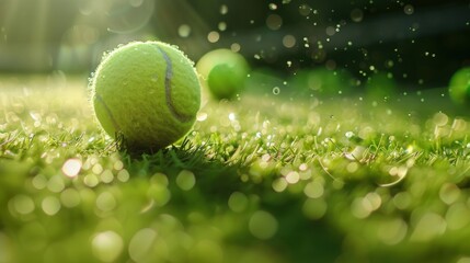 Grass court tennis close-up, featuring a tennis ball and racket at the moment of impact