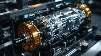 Fototapeta premium High-tech industrial machine part with intricate details, showcasing modern engineering and technology in a manufacturing setting.