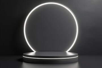 3D background with realistic white, gray cylinder pedestal podium, Glowing round ring neon lighting line