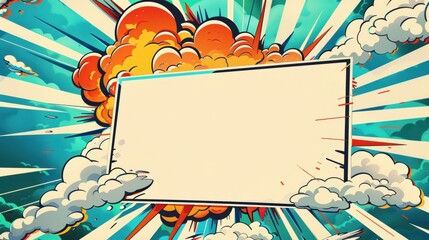 Mockup of a blank greeting card set against a vibrant vintage comic-style backdrop Explosive graphics with clouds and bursts create a dynamic and nostalgic atmosphere
