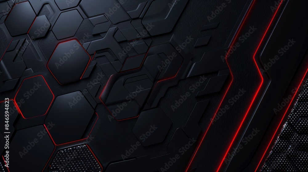 Poster modern dark carbon fiber background with hexagonal pattern and red glowing lines