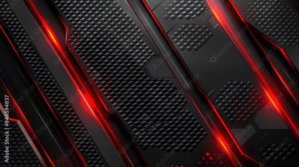 Poster modern dark carbon fiber background with hexagonal pattern and red glowing lines