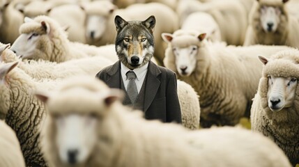 Wolf dressed in business attire standing among a flock of sheep, representing corporate deceit and hidden motives
