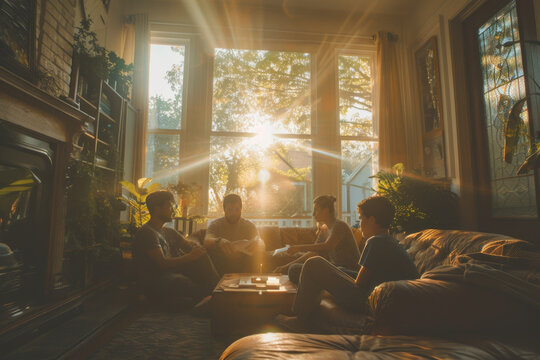 Group of friends sitting and talking in a cozy, sunlit living room, with warm light streaming through large windows.