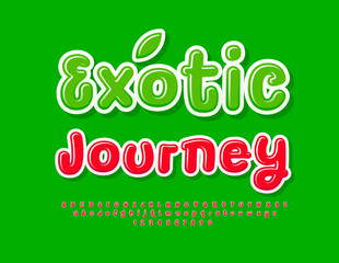 Vector travel flyer Exotic Journey. Glossy Red Font. Funny Alphabet Letters and Numbers set.