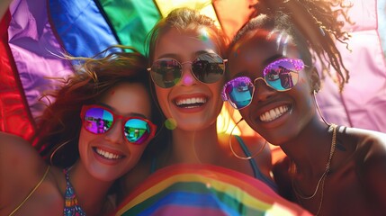 Obraz premium Generative AI of Women Sharing Joy at Pride Event: Colorful Parade, Romantic Freedom, and Diverse Community