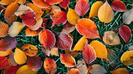 Autumn leaves coated with hoarfrost on the grass