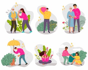 Fototapeta premium Hand drawn kindness concept flat cartoon mini compositions set