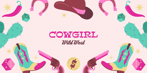 Hand drawn flat cowgirl background