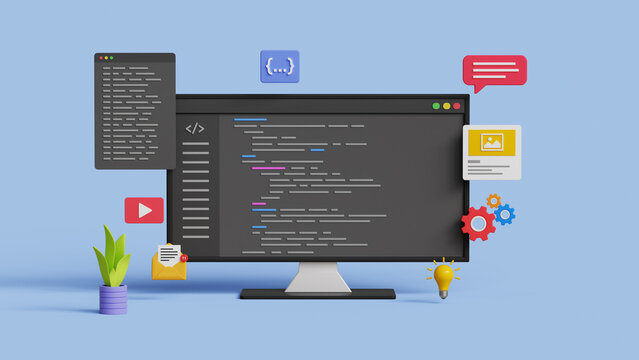 Programming or developing a software or game. Application, program or code development on 3d computer on blue background