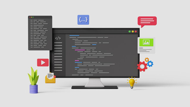 Programming or developing a software or game. Application, program or code development on 3d computer on white background