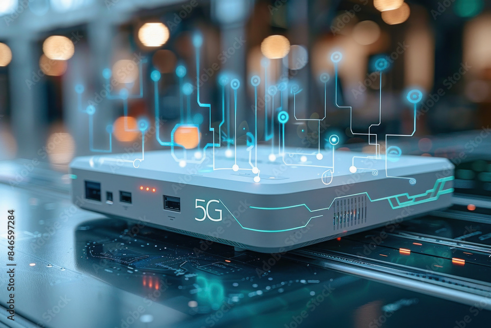 Aufkleber on the table, a 5g router and highspeed equipment for electronics and computers are placed