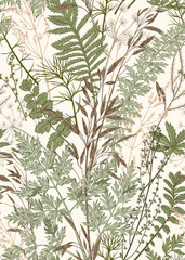 Vertical seamless pattern with wild and dry herbs and leaves. Vintage vector illustration . Ornament for wallpaper, textile, package or your other design. Natural green and beige tones.
