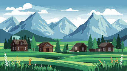 Mountain green field alpine landscape nature with wooden houses illustration in vector flat color style illustration