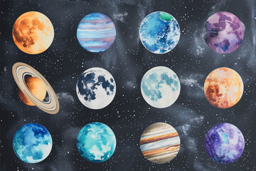Watercolor vector illustration planet galaxy universe solar system stars set clipart sketch Mercury Venus Earth Mars Jupiter Saturn Uranus Neptune on isolated background © Pickoloh
