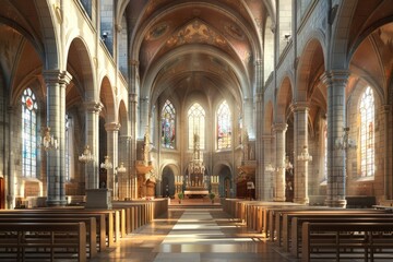 Fototapeta premium The church and the tables and chairs inside