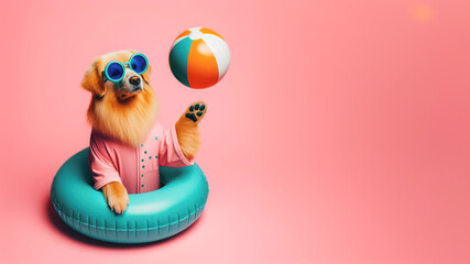 Obraz premium Funny dog wearing summer fashion on pastel background. Summer Vacation Concept.