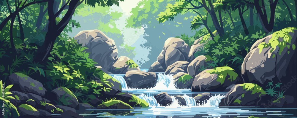 Poster nordic fjord with towering cliffs and cascading waterfalls. vector flat minimalistic isolated illust