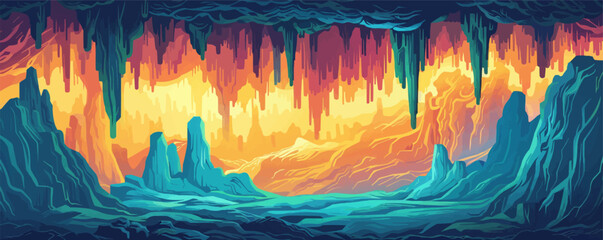 Underground cave with stalactites and stalagmites. Vector flat minimalistic isolated