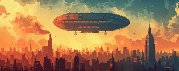 Fototapeta premium Steampunk dirigible floating above a city skyline Vector flat minimalistic isolated illustration