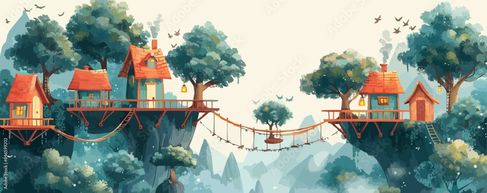 Poster a whimsical treehouse village with rope bridges and tree platforms. vector flat minimalistic isolate