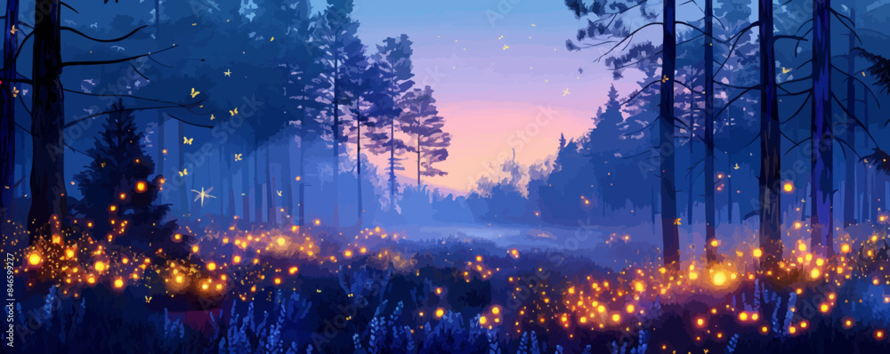 Poster luminous fireflies illuminating a tranquil forest clearing at dusk. vector flat minimalistic isolate